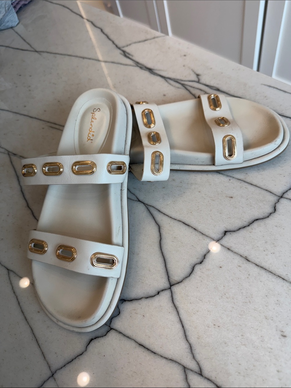 Splendid Cream Slide Sandals with Gold Oval Accents